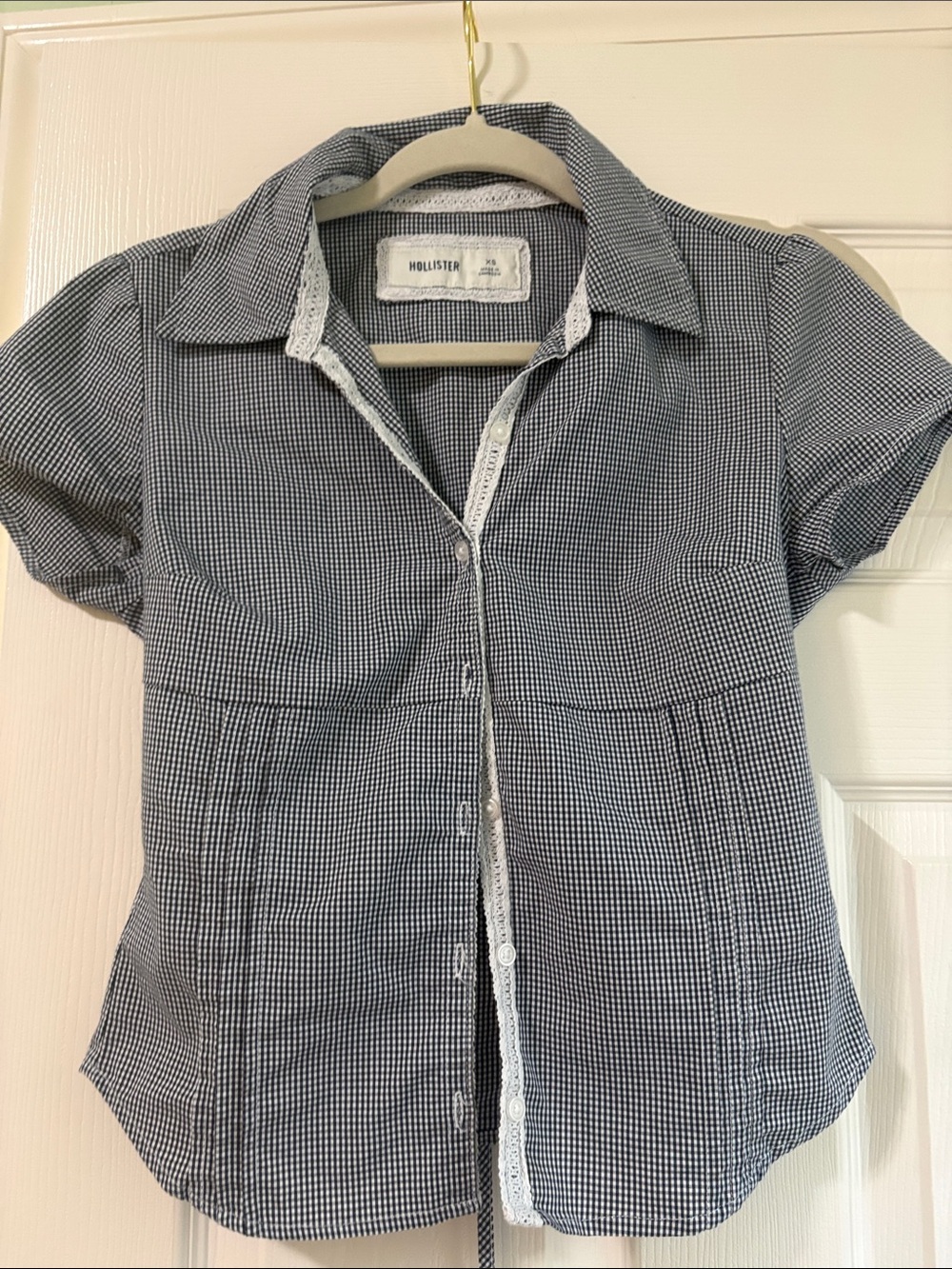 Hollister Black & White Gingham Lace-Trim Button Shirt